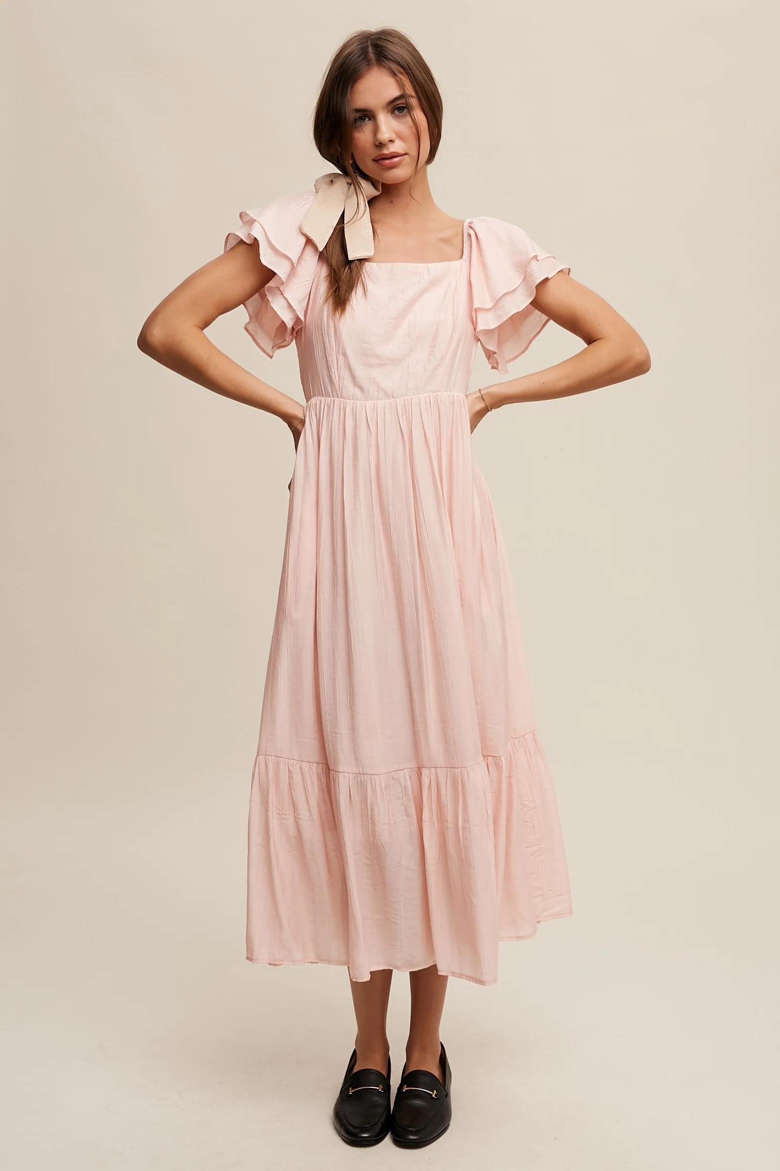 Light Pink Flutter Sleeve Midi Dress - Small | PinkBlush Maternity
