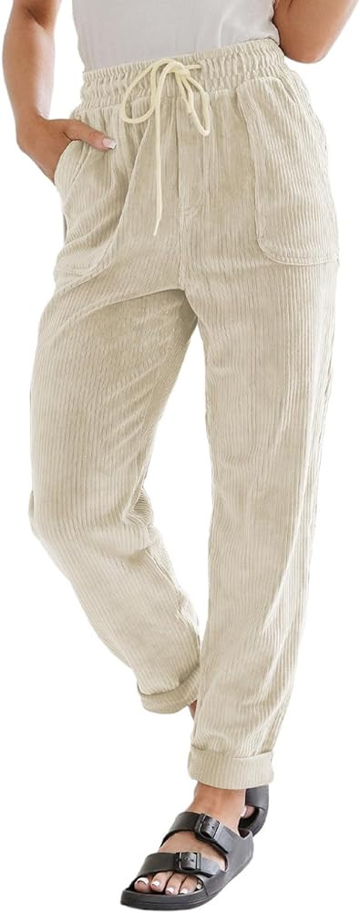 EVALESS Corduroy Pants for Women Casual Drawstring Elastic High Waist Straight Leg Pants Loose Co... | Amazon (US)