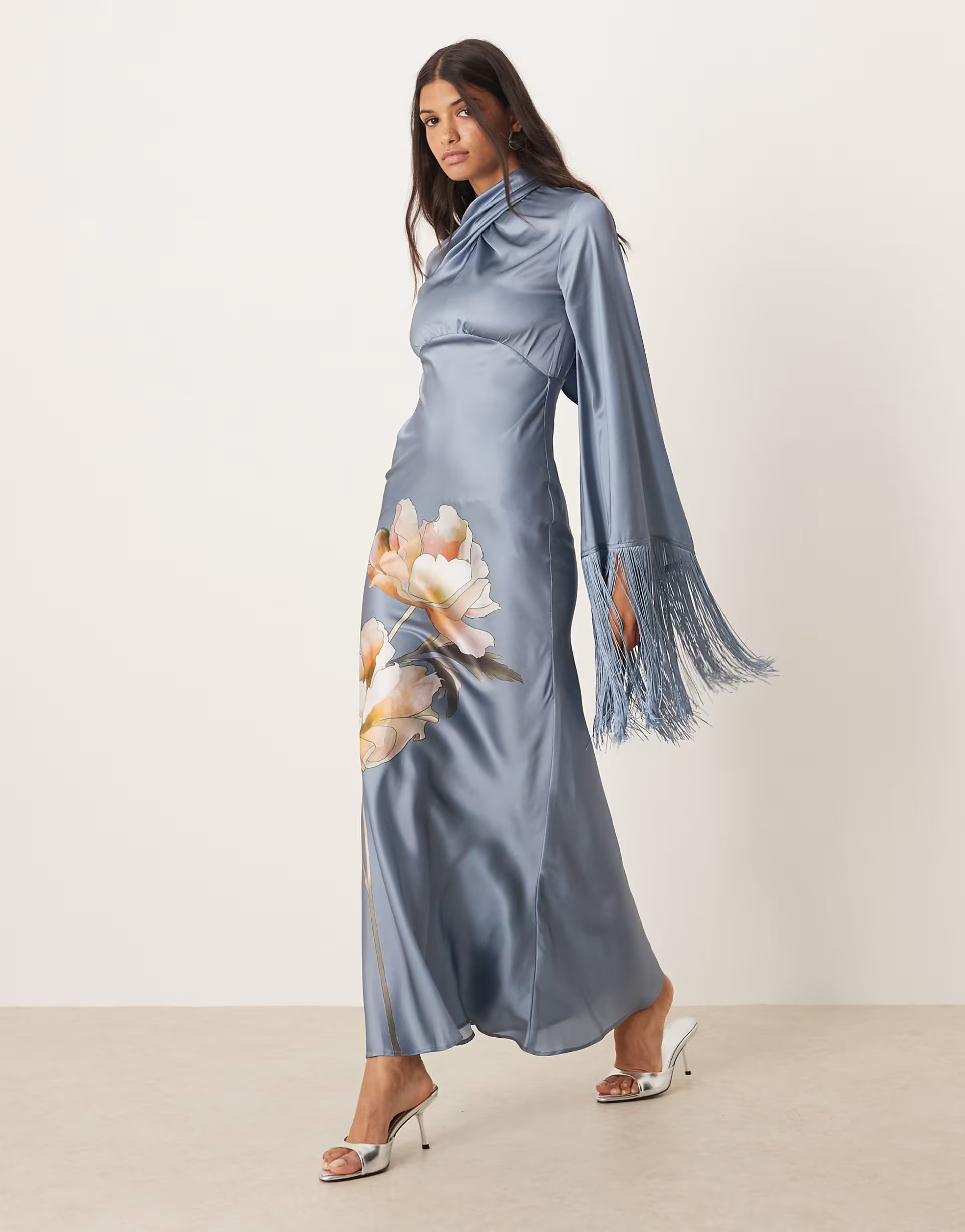 ASOS DESIGN draped neck satin bias maxi dress with fringe sleeve detail in overblown floral | ASOS (Global)
