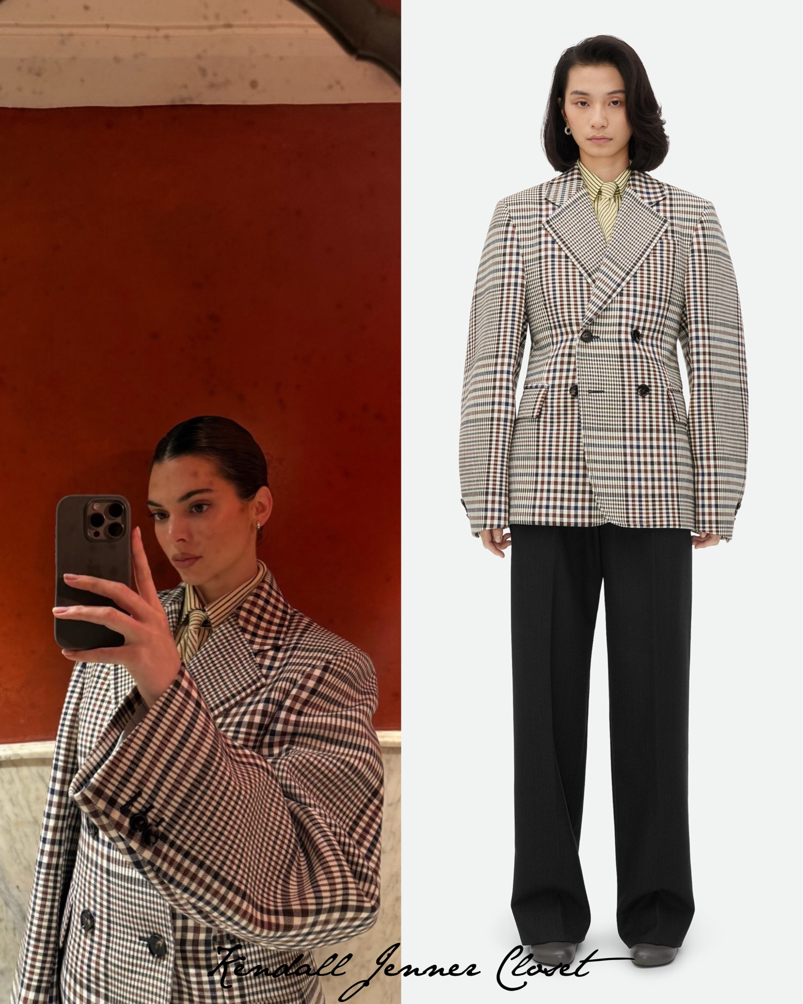 @KendallJenner in #BottegaVeneta #Resort2025 ‘Structured Check Cotton Jacket’ ($4,300) + ‘Striped Wool Trousers’ ($1,500) during #PFW 🤎

#KendallJenner #KendallJennerStyle #Fashion 