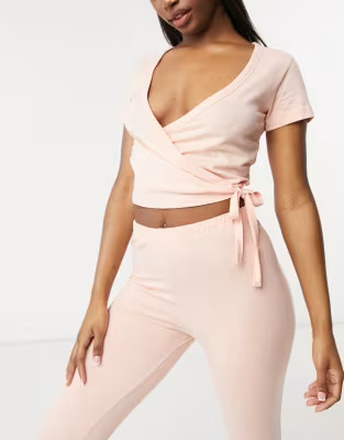 ASOS DESIGN mix & match wrap front jersey pyjama top in peach | ASOS (Global)