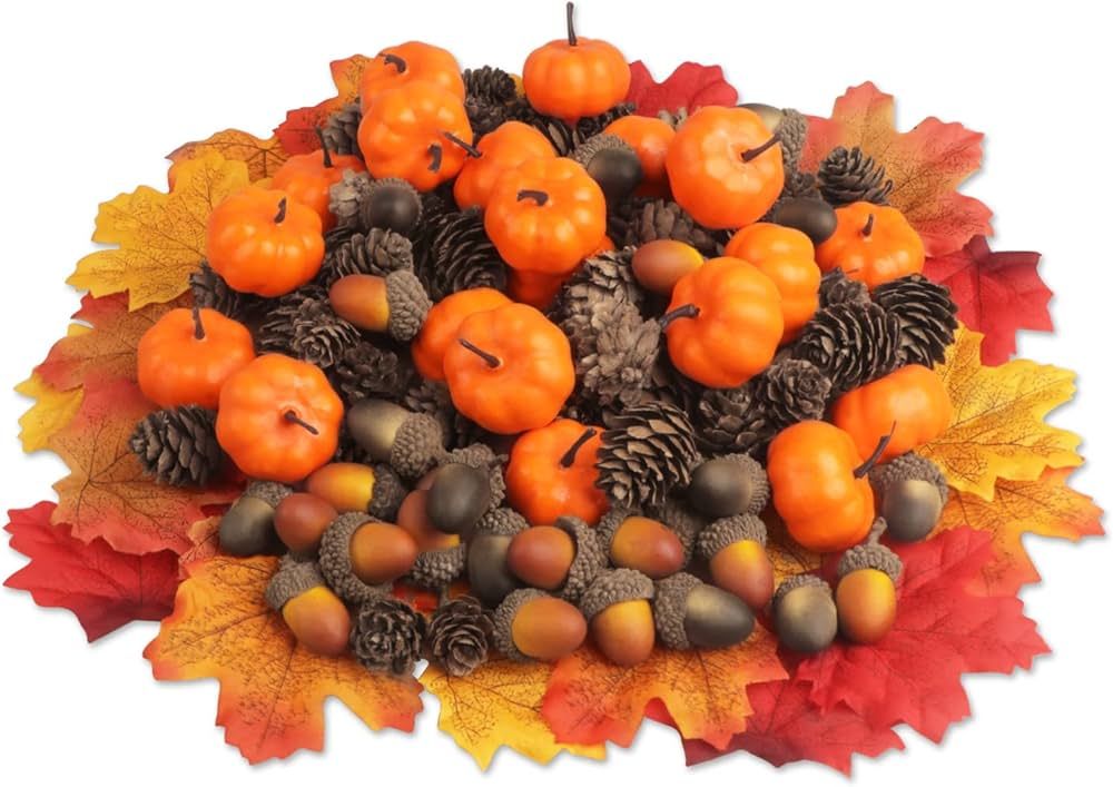 YIYA 150 PCS Thanksgiving Pine Cones Decoration with Mini Pumpkins Artificial Acorns Maple Leaves... | Amazon (US)
