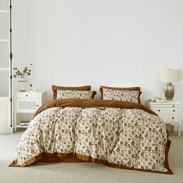 YuHeGuoJi Beige Burnt Orange Floral Duvet Cover King 100% Cotton 3 Pcs Set | Amazon (US)
