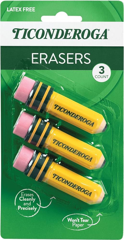 TICONDEROGA Erasers, Pencil Shaped, Latex-Free, Yellow, 3-Pack (38953) | Amazon (US)