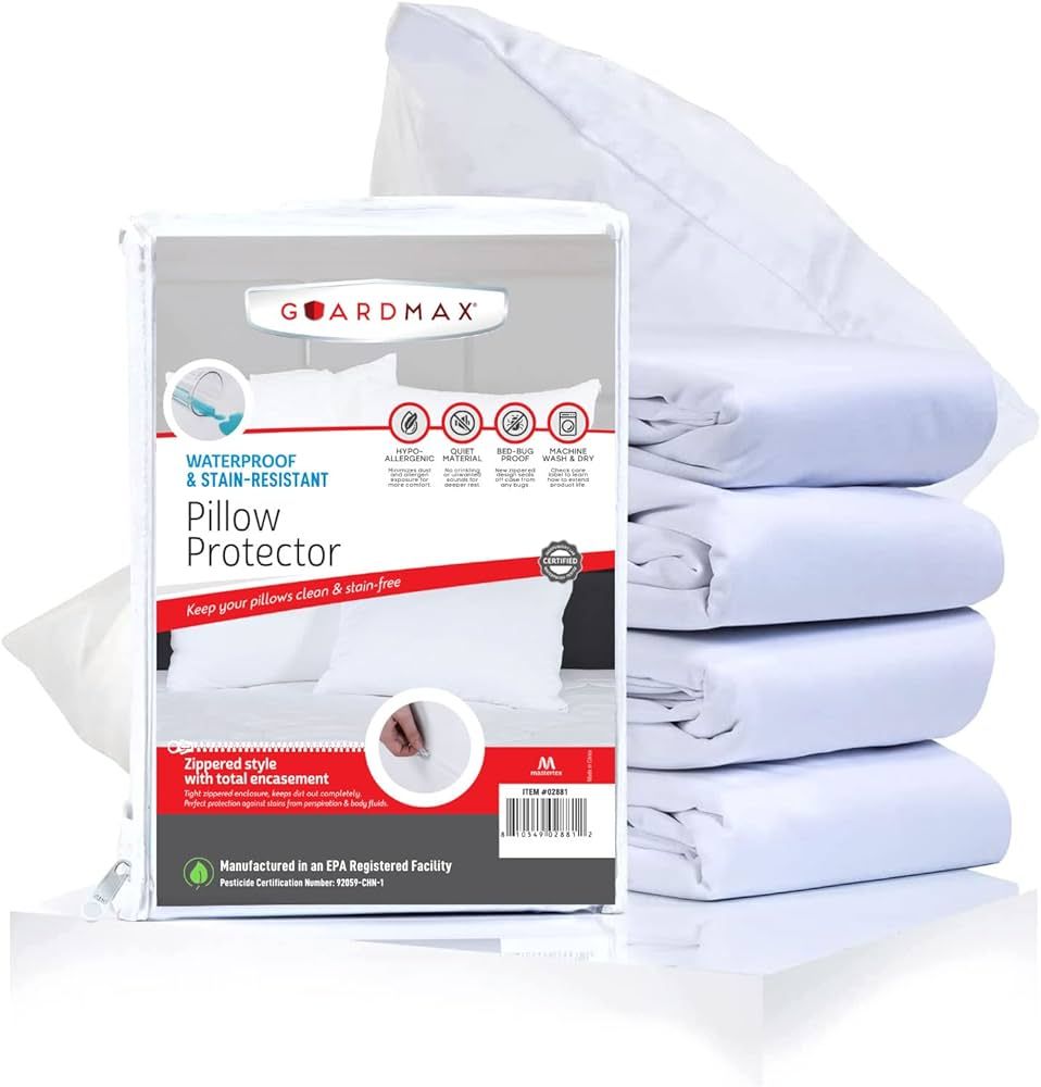 Guardmax Pillow Protector with Zipper Standard Size - (4 Pack) - Waterproof and Bed Bug Proof Pil... | Amazon (US)