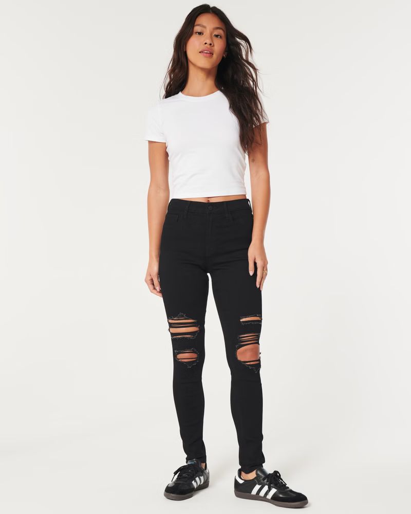 High-Rise Ripped Black Super Skinny Jeans | Hollister (US)