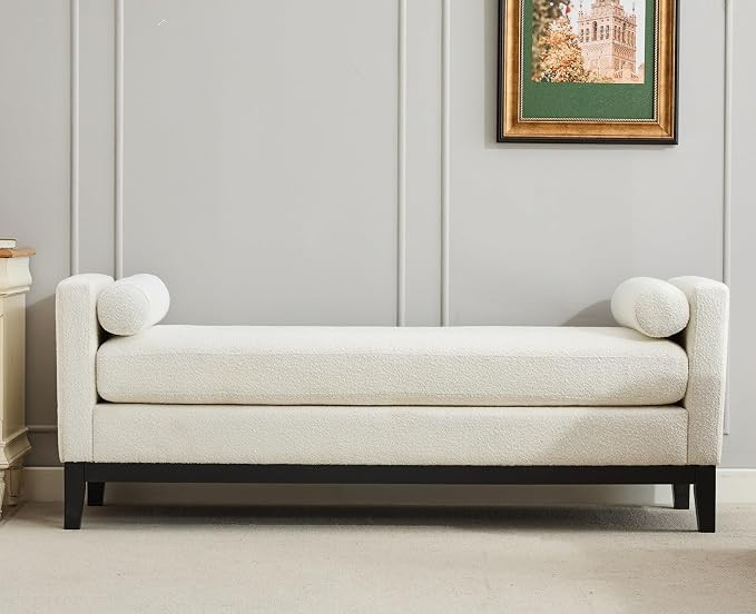KEIKI Oversize Boucle Bench Ottoman with 2 Bolster Pillows & Wood Legs, Upholstered End of Bed Da... | Amazon (US)