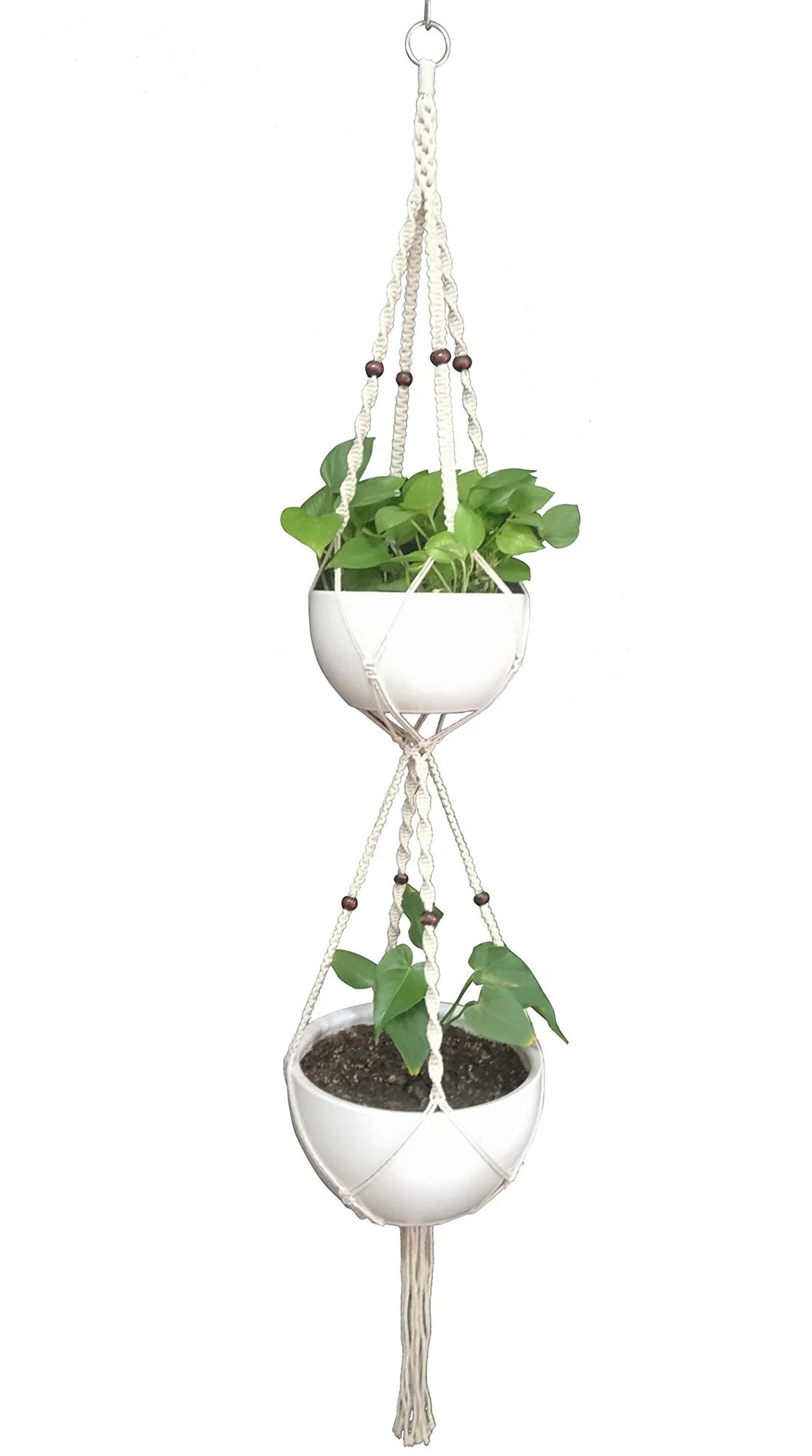Lukvuzo Macrame Plant Hanger Double Deck 67 Inch Hemp Rope Hanging Planter for Two Pots 8 Inch to 10 Inch Indoor Outdoor with Metal Ring Cotton | Lowe's