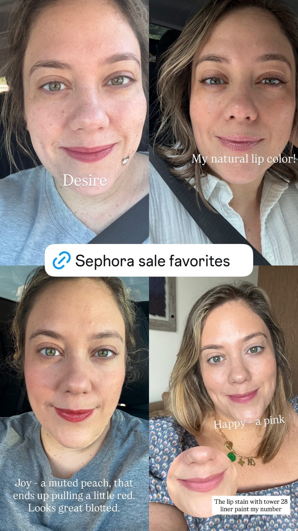 The lip stain with tower 28 liner paint my number  Happy - a pink My natural lip color!  Desire  Joy - a muted peach, that ends up pulling a little red. Looks great blotted.

#LTKSaleAlert #LTKBeauty