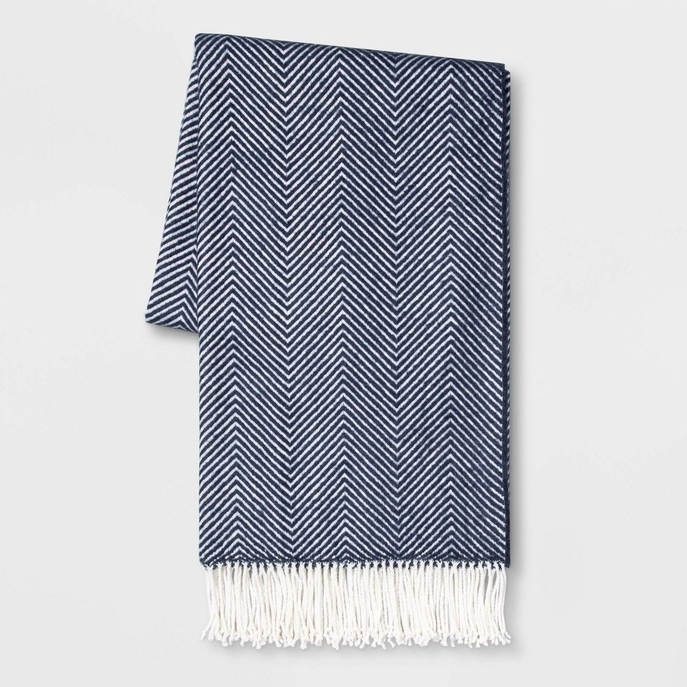 50""x60"" Woven Herringbone Throw Blanket with Fringes Blue/Cream - Threshold | Target