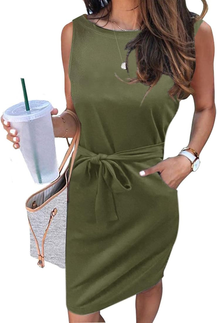 MEROKEETY Womens Summer Sleeveless Striped T Shirt Dress Casual Crew Neck Tie Waist Mini Dresses | Amazon (US)