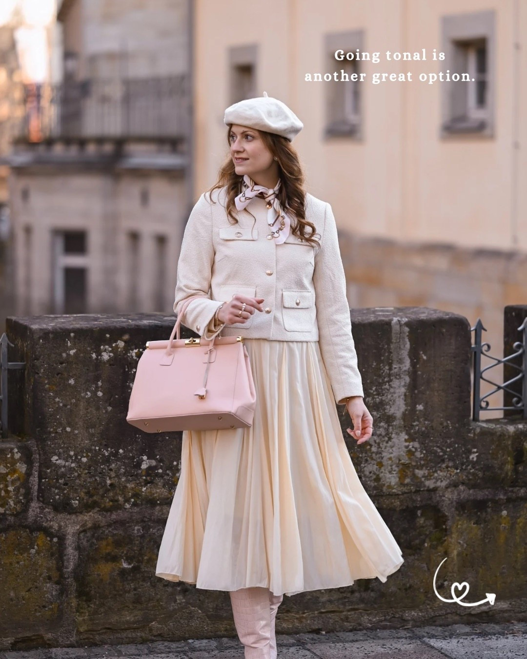 How to style a pleated skirt for autumn | Look 3

Cream cropped boucle blazer with gold buttons – H&M
Cream dress with pleated skirt – Chicwish
Light pink croc effect knee high boots – Sophia Webster 
Off white beret – H&M
Light pink silk scarf – preloved 
Pink vintage inspired top handle handbag – Gave Lux via Zalando

If any of these aren’t current or available, I’ve linked alternatives. 🤍

#LTKeurope #LTKworkwear #LTKautumn