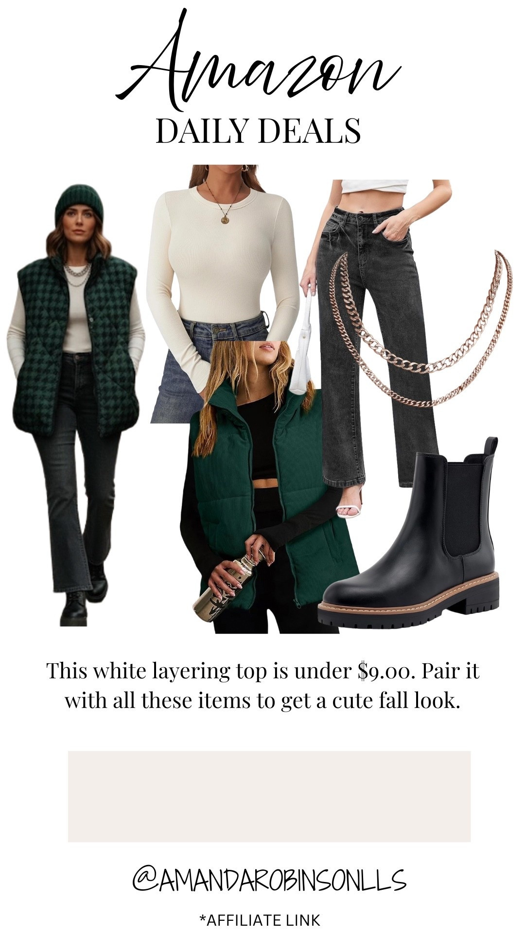 Amazon daily deals
White layering long sleeve, with a green puffer vest, black denim, and Chelsea boots.

#LTKStyleTip #LTKSaleAlert #LTKSeasonal