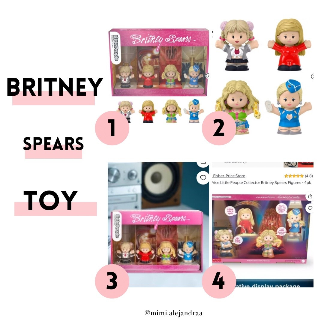 Fisher-Price Little People Collector Britney Spears Figures - 4pk

•	Special edition Little People Collector set honoring global superstar Britney Spears and the 25th anniversary of her debut album.

•	Includes 4 Britney figures: schoolgirl from "...Baby One More Time,"red bodysuit from "Oops I Did It Again," snake-charmer from "I'm a Slave 4 U" & flight attendant from "Toxic"

•	Each figure stands over 2.5 inches tall and is styled in a memorable look from the pop star's career.  
•	Display your fandom. Figure set arrives in a window box package decorated with imagery inspired by her memorable music videos, plus lots of fun hidden details for Lucky fans to discover.  
•	For adults, pop music fans, and collectors.

#LTKGiftGuide #LTKFindsUnder100 #LTKstorytime