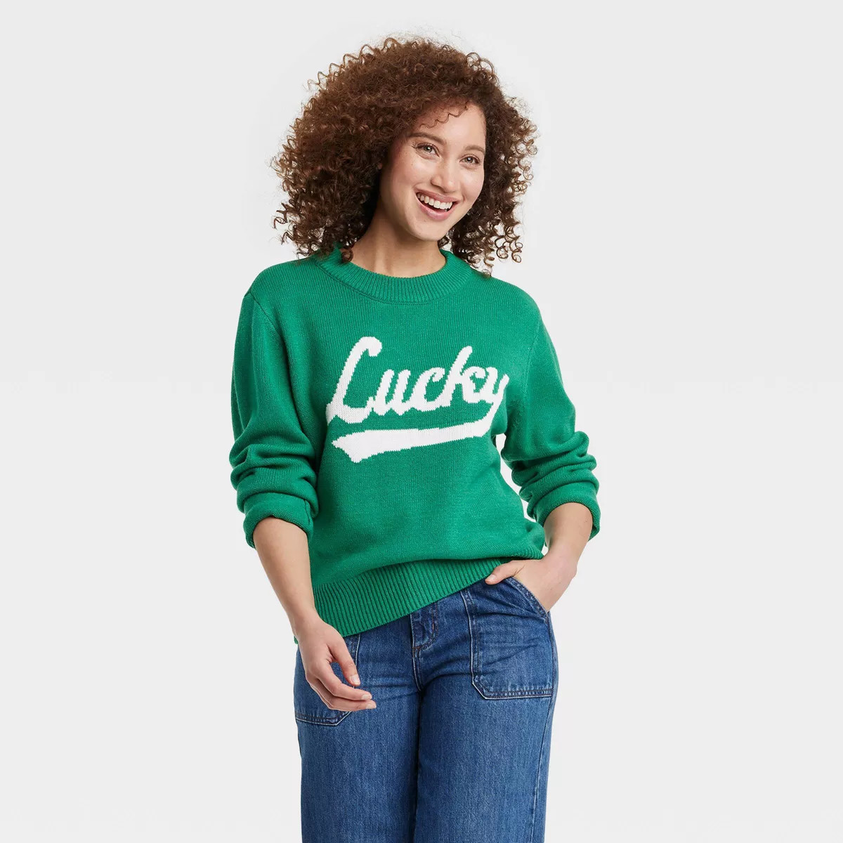 Women's Lucky Graphic Sweater - Green M | Target