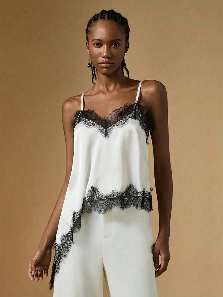 Briarwyn Women's Summer Contrast Lace Asymmetric Hem Camisole,White Top,Valentine Outfits For Women,Elegant Women's Top,Summer Tops,Vacation Outfits Women ,Old Money Style/Women Satin Lace Trim V Neck Asymmetrical Hem Cami Top Elegant Going Out Top | SHEIN