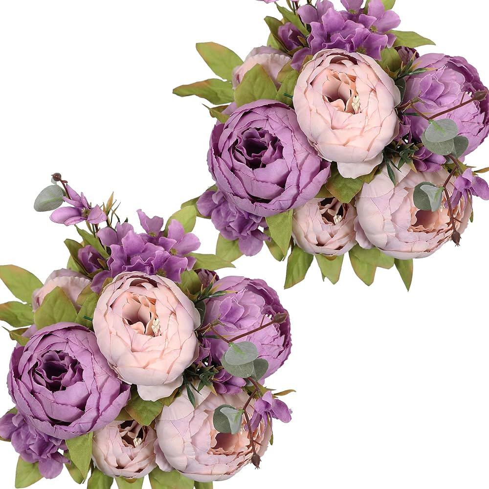 Nubry 2pcs Artificial Peony Silk Flowers Bridal Bouquet for Wedding Home Garden Decoration(Purple... | Amazon (US)