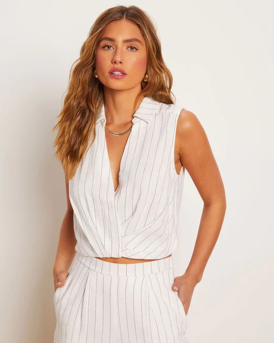 Tanya Pinstripe Linen Blend Wrap Front Top | VICI Collection