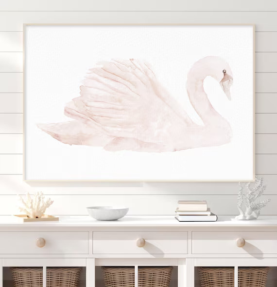 Swan Watercolor Print Minimalist Blush Pink Feather Pink | Etsy | Etsy (US)