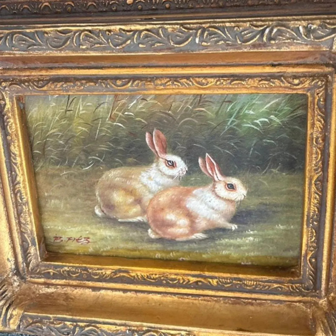 Wild Bunny Rabbits Painting Oil on Wood Signed by Artist and Gold Framed | Etsy (US)