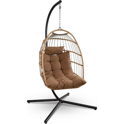 SereneLife SWC55B.5 Hanging Egg Swing Chair with Stand - Rattan Wicker Egg-Shaped Swing, Waterproof Seat Cushion, and Headrest (Brown) | Target
