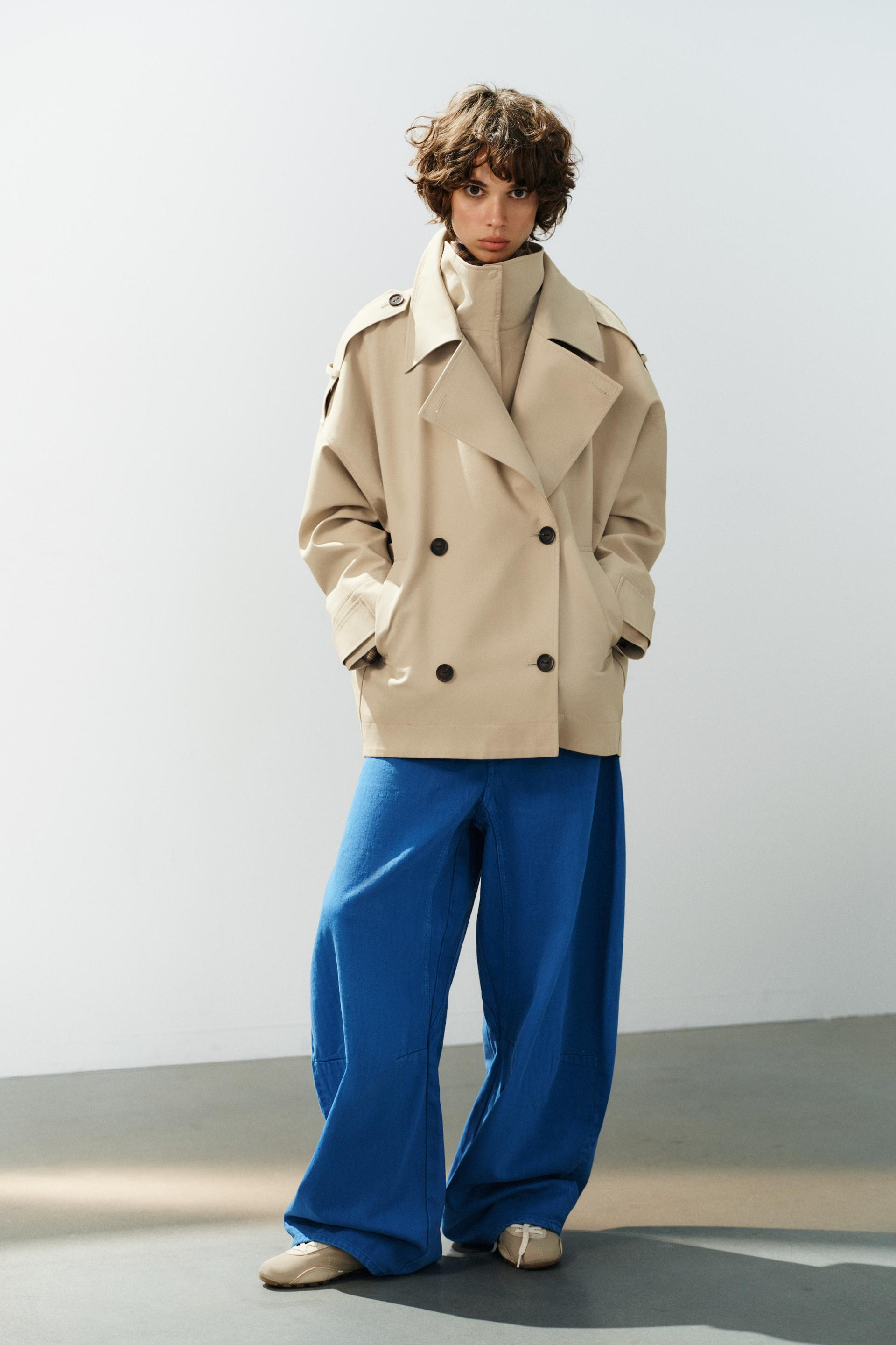 Zara - Oversized Stand-Up Collar Short Trench Coat - Light Tan - M-L - Woman | Zara US