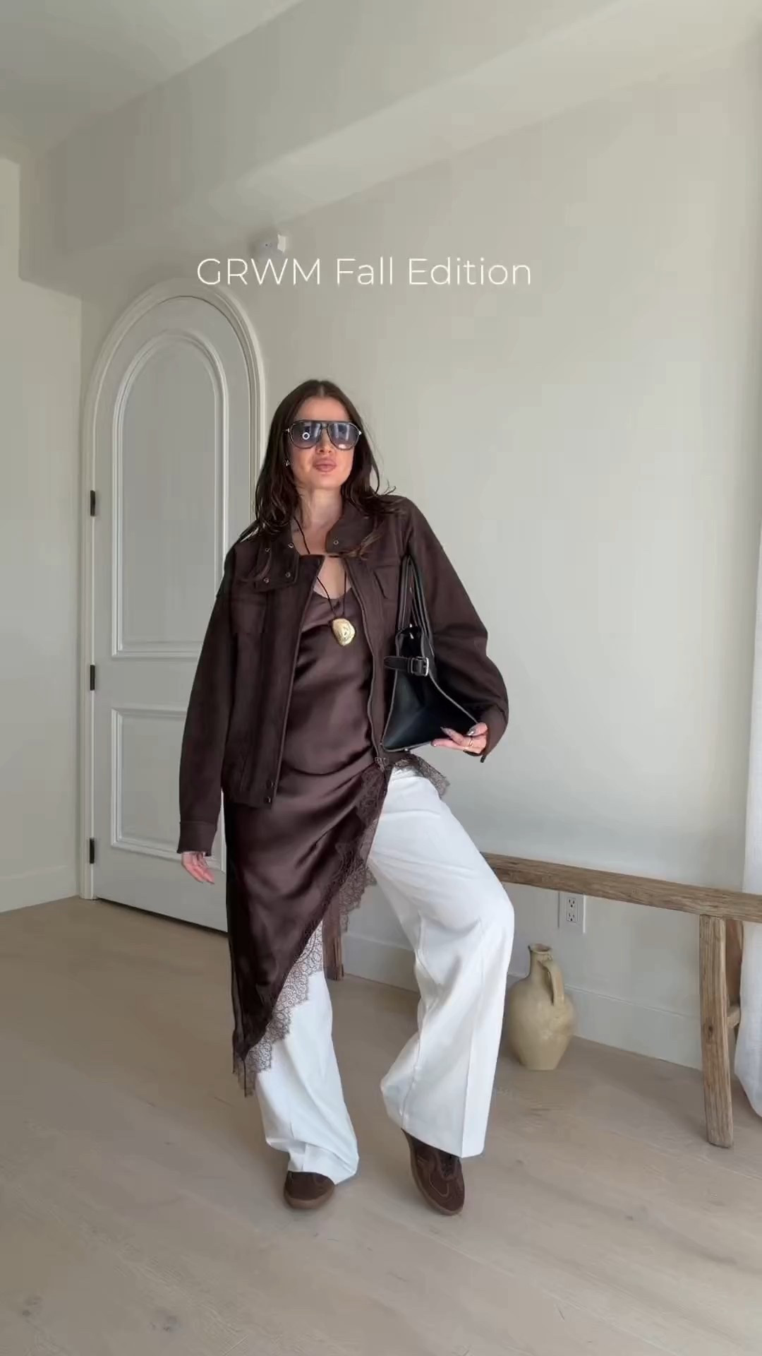 Fall outfit idea: styling an espresso brown suede bomber with a lace detail dress and wide leg pants 
#sneakers #bomber #jacket #suede #pants #lace #dress #espressobrown #brown #darkbrown #chocolatebrown 

#LTKSeasonal #LTKFindsUnder100 #LTKFindsUnder50