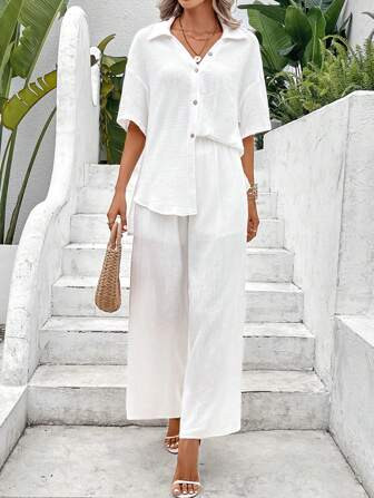 SHEIN LUNE Solid Drop Shoulder Shirt & Wide Leg Pants | SHEIN