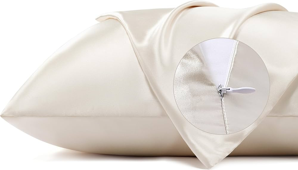 Bedsure Satin Pillowcase for Hair - Beige Satin Pillow Cases Standard Size with Zipper 2 Pack, Si... | Amazon (US)