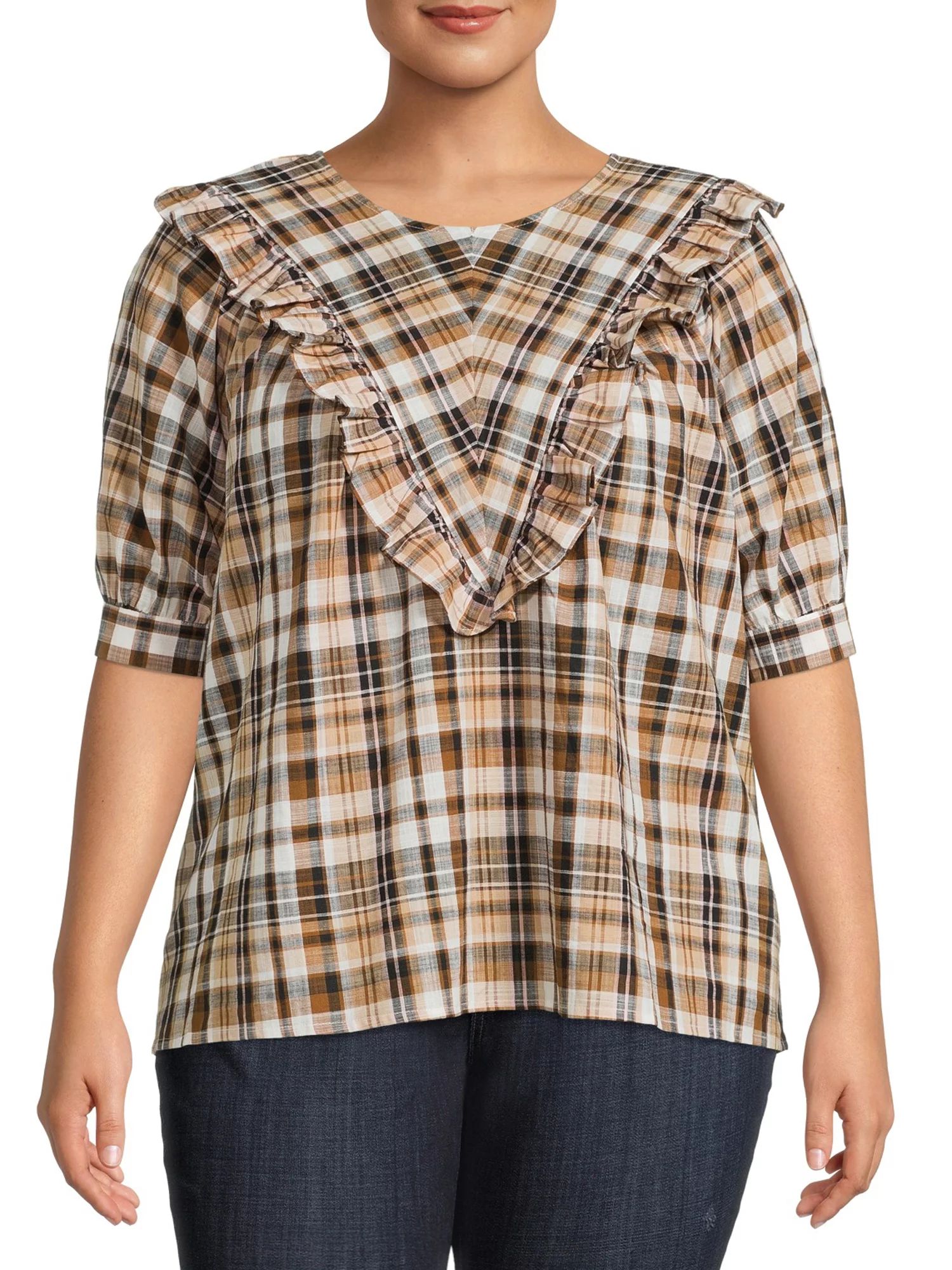 Terra & Sky Women's Plus Size Short Sleeve Ruffle Woven Blouse | Walmart (US)