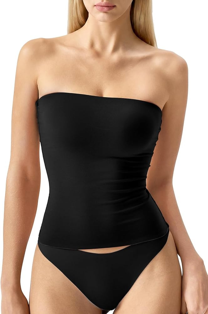 QINSEN Women's Tube Top Double Lined Strapless Bandeau Top Summer Slim Fit Going Out Tank Tops | Amazon (US)