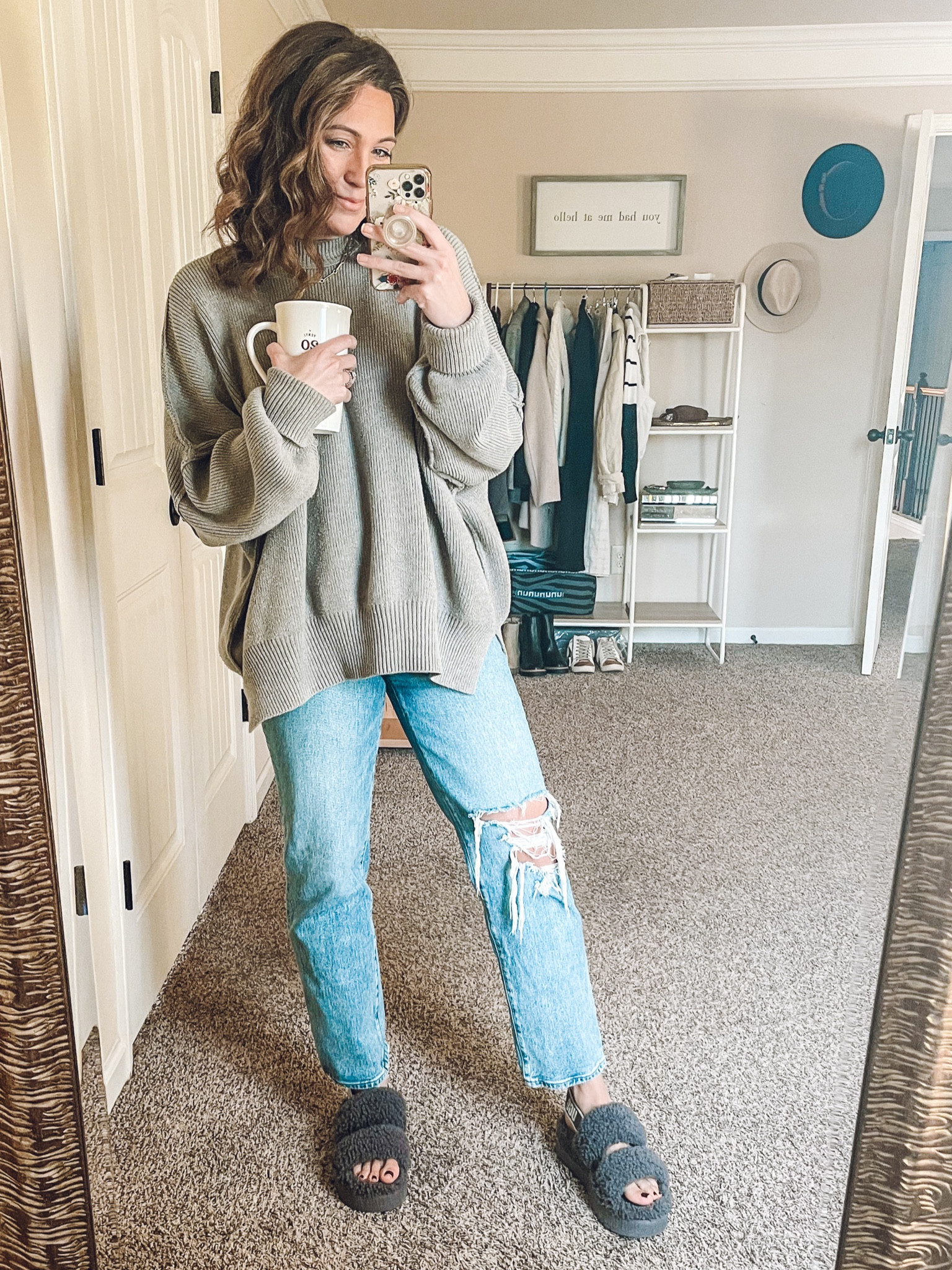 Wearing XS in Free People Easy Street Tunic - it’s one of my favorite sweaters! It comes in multiple colors. I have tried dupes on Amazon but none compare to the actual Free People one. The weight is lighter, but warmer and the fit is just more flattering IMO. The exact wash of my jeans are sold out but they do have an option with no holes. Wearing size 26. Im so sad 😭  I can’t find my Ugg Slippers anywhere and they are my all time favorite! If I find some I’ll link them later.   Cozy Vibes | Casual Outfit Ideas | Madewell | Free People Easy Street Tunic | Sweater Weather | Casual Fall Style 

#LTKshoecrush #LTKfindsunder50 #LTKfindsunder100