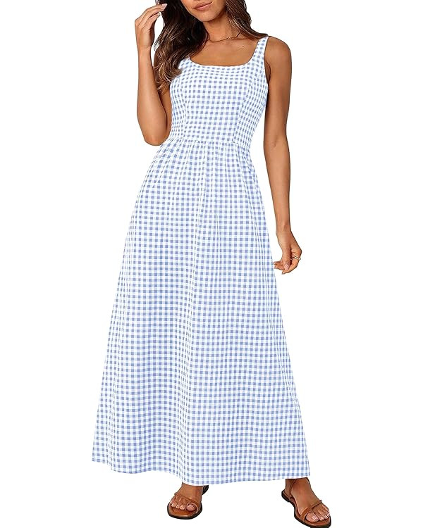 PRETTYGARDEN Women's 2025 Summer Spaghetti Strap Maxi Dresses Plaid Square Neck A Line Casual Bea... | Amazon (US)