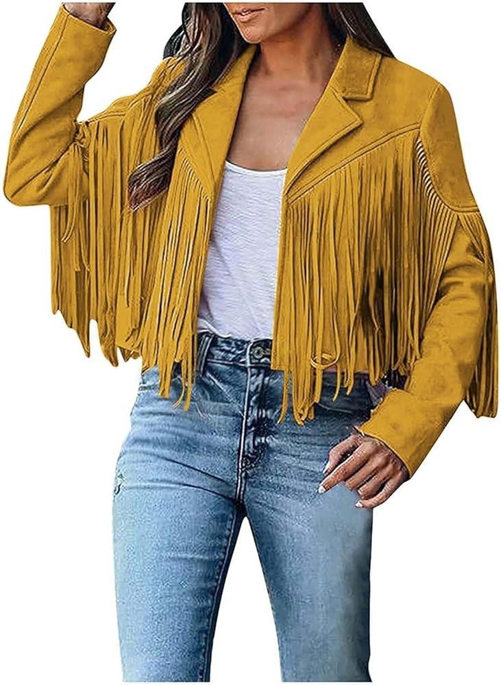 Faux Suede Leather Jackets for Women Fall Western Fringe Cropped Jackets Y2k Tassel Motorcycle Cr... | Amazon (US)