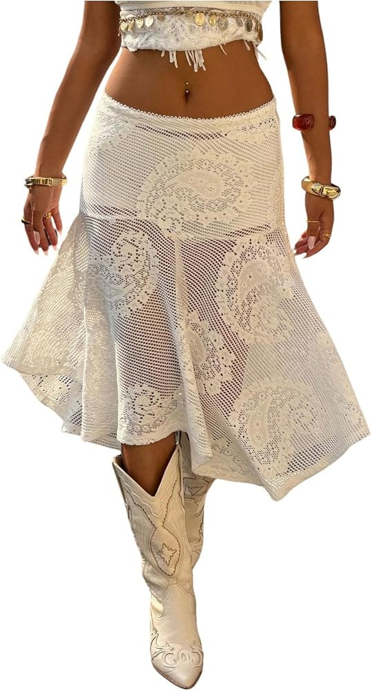 BEAUDRM Women's Boho Floral Skirt Sheer Mesh Flowy Western Cowgirl Skirt | Amazon (US)