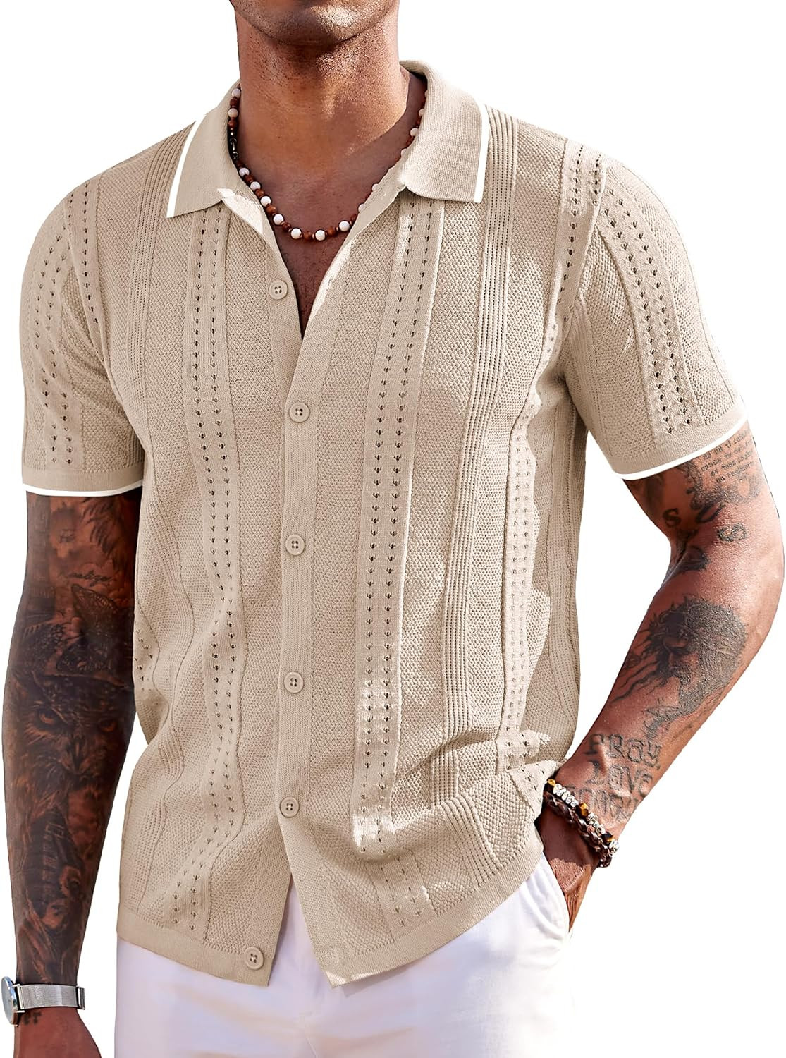 COOFANDY Men's Knit Shirts Short Sleeve Button Down Polo Shirt Summer Beach | Amazon (US)