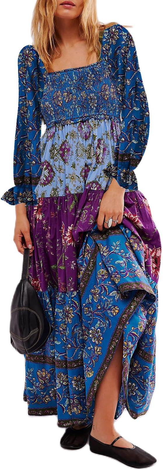 Women Fall Dresses Flowy Smocked Maxi Dress Long Sleeve Square Neck Boho Dresses Y2k Floral Party... | Amazon (US)