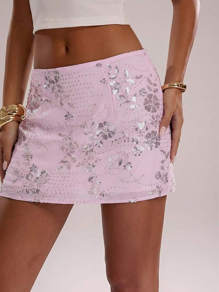SHEIN BAE Summer Women's Beach Vacation Bohemian Blue Pattern Sequin Short Skirt For Party/Sequin... | SHEIN