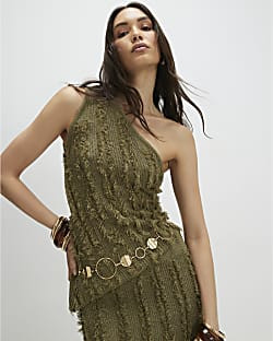 Khaki Knitted Asymmetric Fringed Top | River Island UK & IE