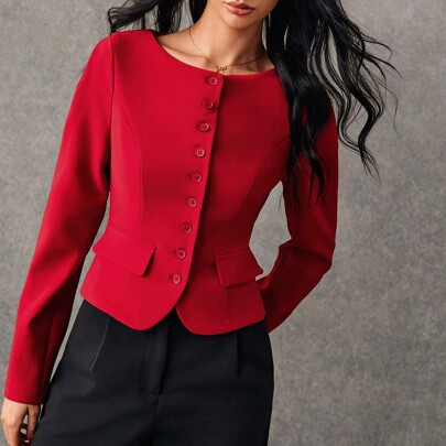 Red Women Blazer,Red Suit Jacket,1pc Women's Elegant Solid Color Long Sleeve Shirt, Autumn,Fall Women Dresses,Christmas Outfits,Christmas Women Clothe | SHEIN