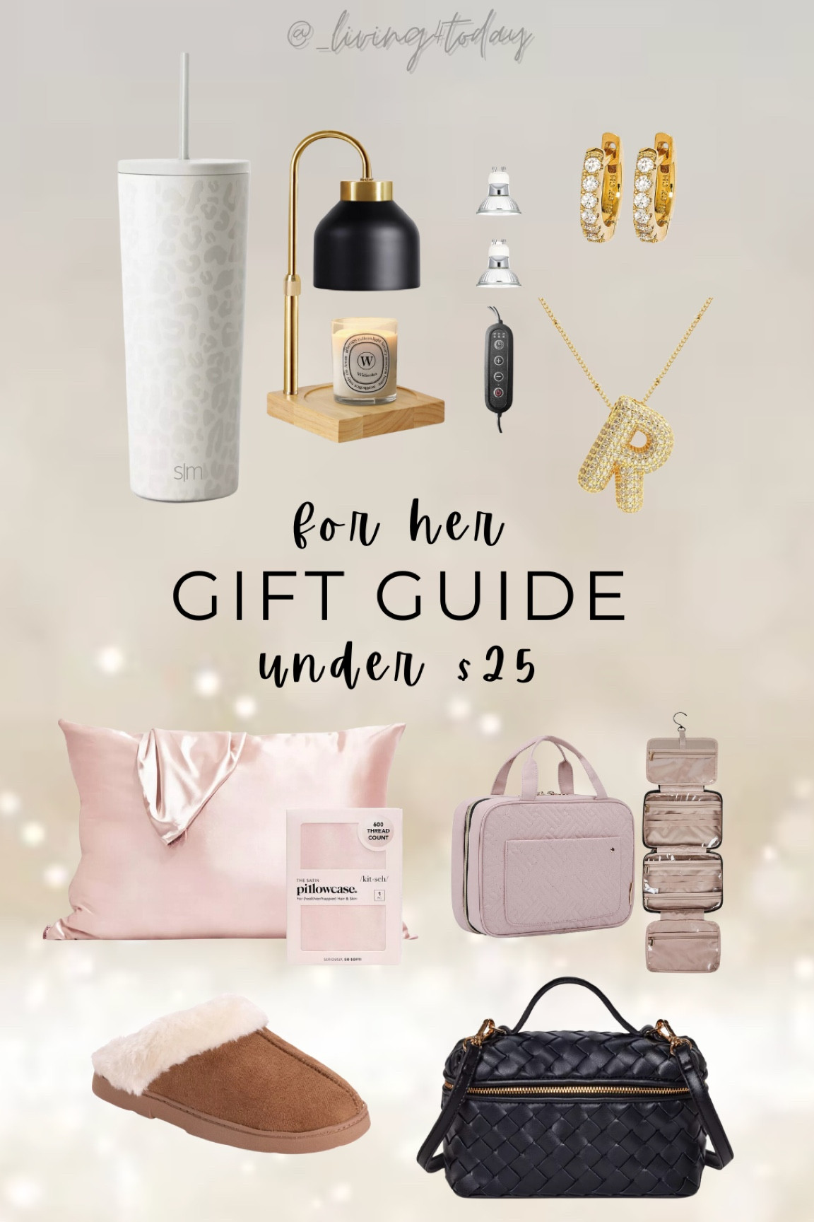 Gifts for her under $25 🎁 kitsch satin pillowcase, simple modern tumbler, candle warmer, bubble initial necklace, gold huggie hoop earrings, travel cosmetic bag, cute black purse from Target 

#LTKGiftGuide #LTKSeasonal #LTKHoliday