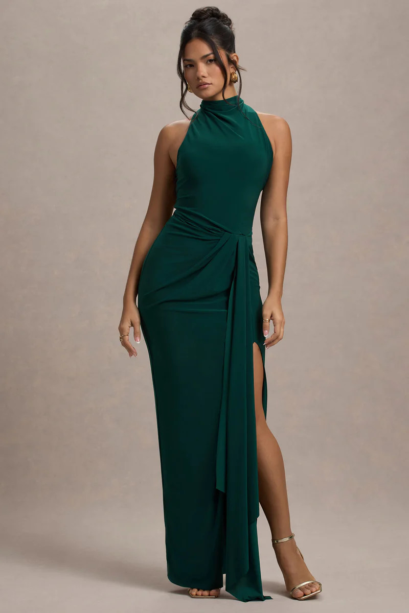 Khari | Bottle Green High-Neck Twisted Maxi Dress With Drape | Club L London