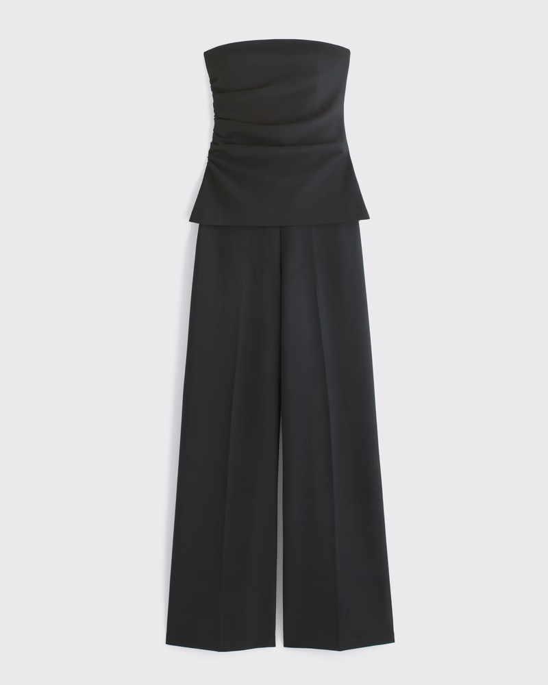 Abercrombie & Fitch Women's Strapless Ruched Peplum Jumpsuit in Black - Size XXS TALL | Abercrombie & Fitch (US)