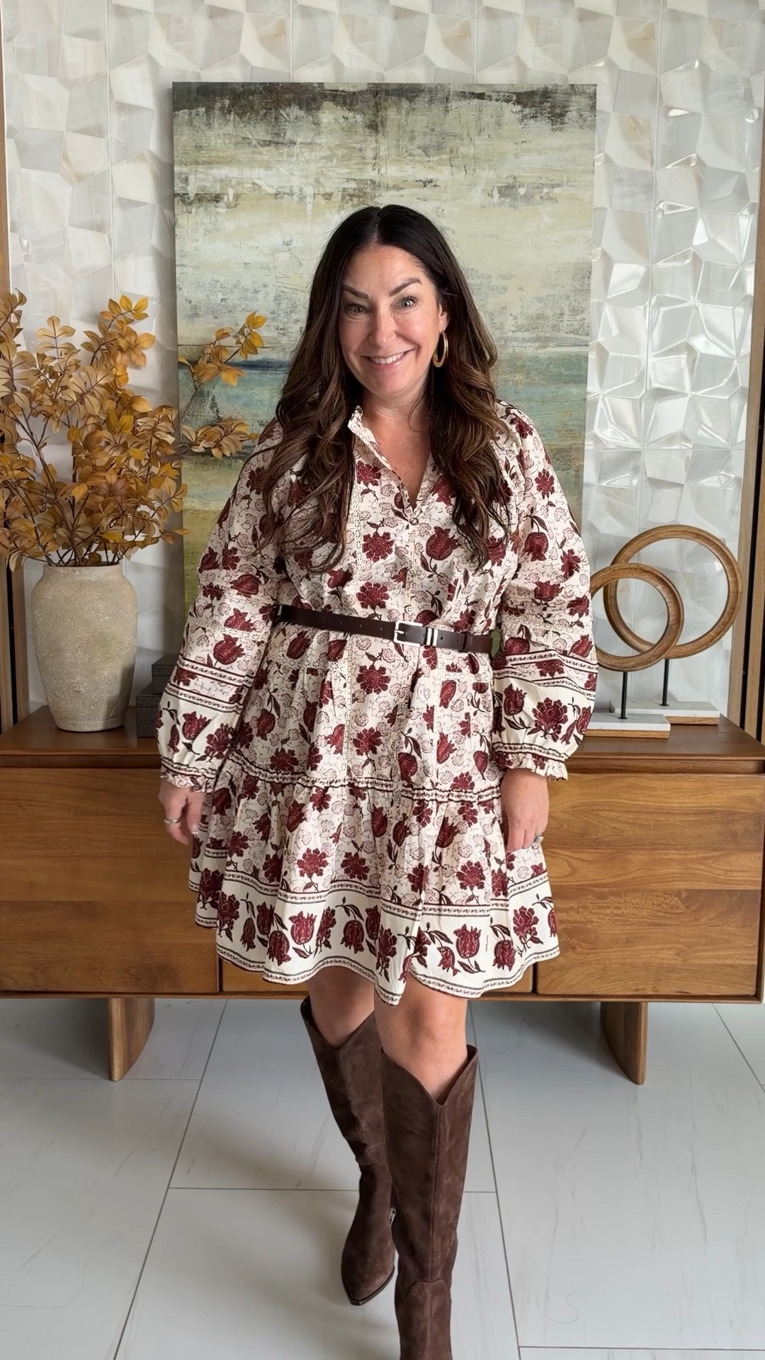 New arrival dress from @Walmart and I know it’s going to sell out fast!! It’s unlined and has a pretty fall print. Wearing large 

 #walmartpartner @walmartstyle