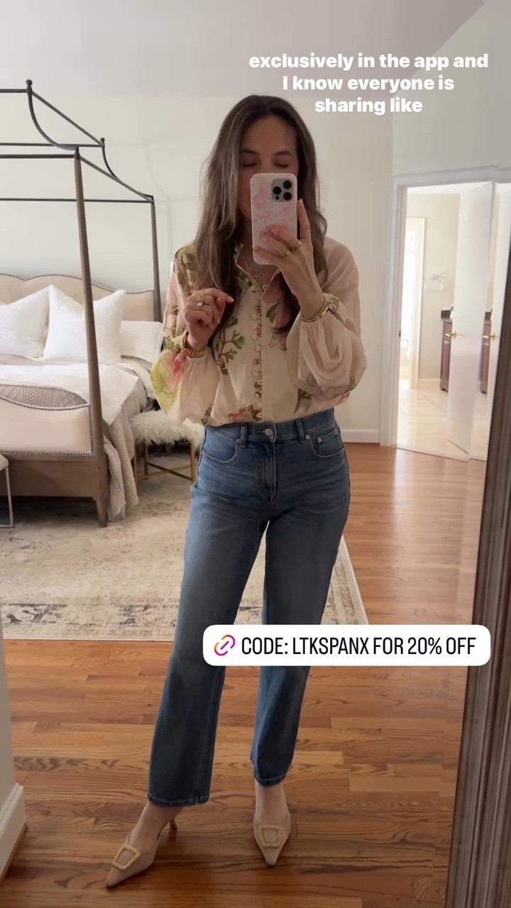 Spanx 90s straight leg jeans, runs true to size. Wearing S for a looser fit, size down for more fitted. These are super stretchy

#LTKSeasonal #LTKOver40 #LTKSpringSale