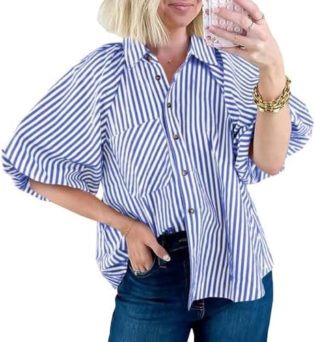 Tankaneo Womens Puff Sleeve Tops Button Down Shirts Summer Striped Blouses | Amazon (US)