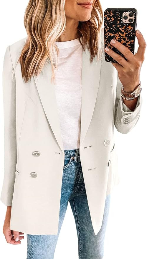 Zwurew Women's Long Sleeve Casual Blazers Lapel Open Front Double Breasted Suit Business Work Off... | Amazon (US)