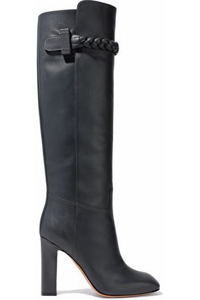 Valentino Woman Braided Leather Knee Boots Dark Gray Size 38.5 | The Outnet US