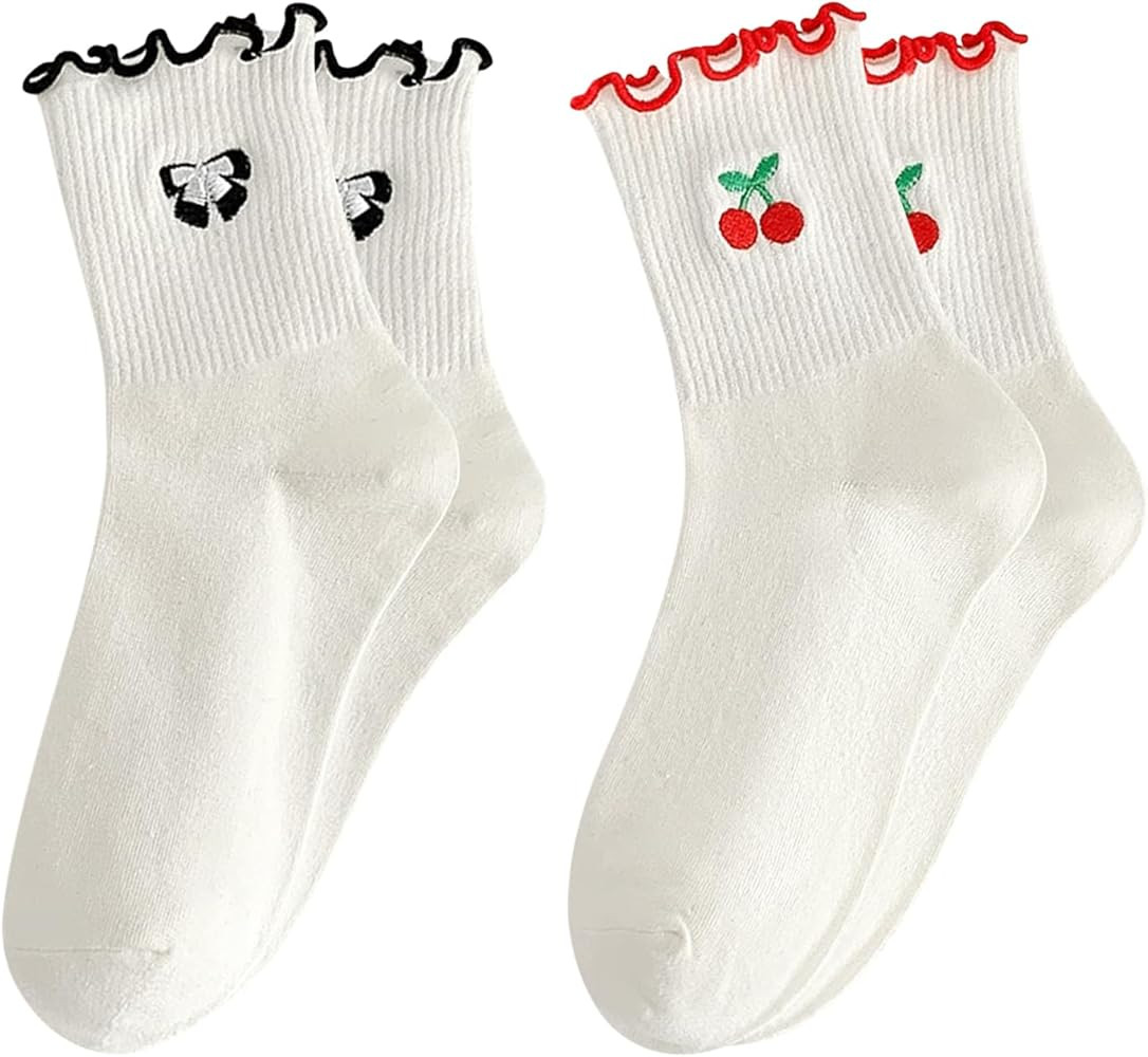 Women's Cute Bow Crew Socks, Cherry Strawberry Ruffled Calf Socks - Casual Cotton Novelty Fun Ank... | Amazon (US)