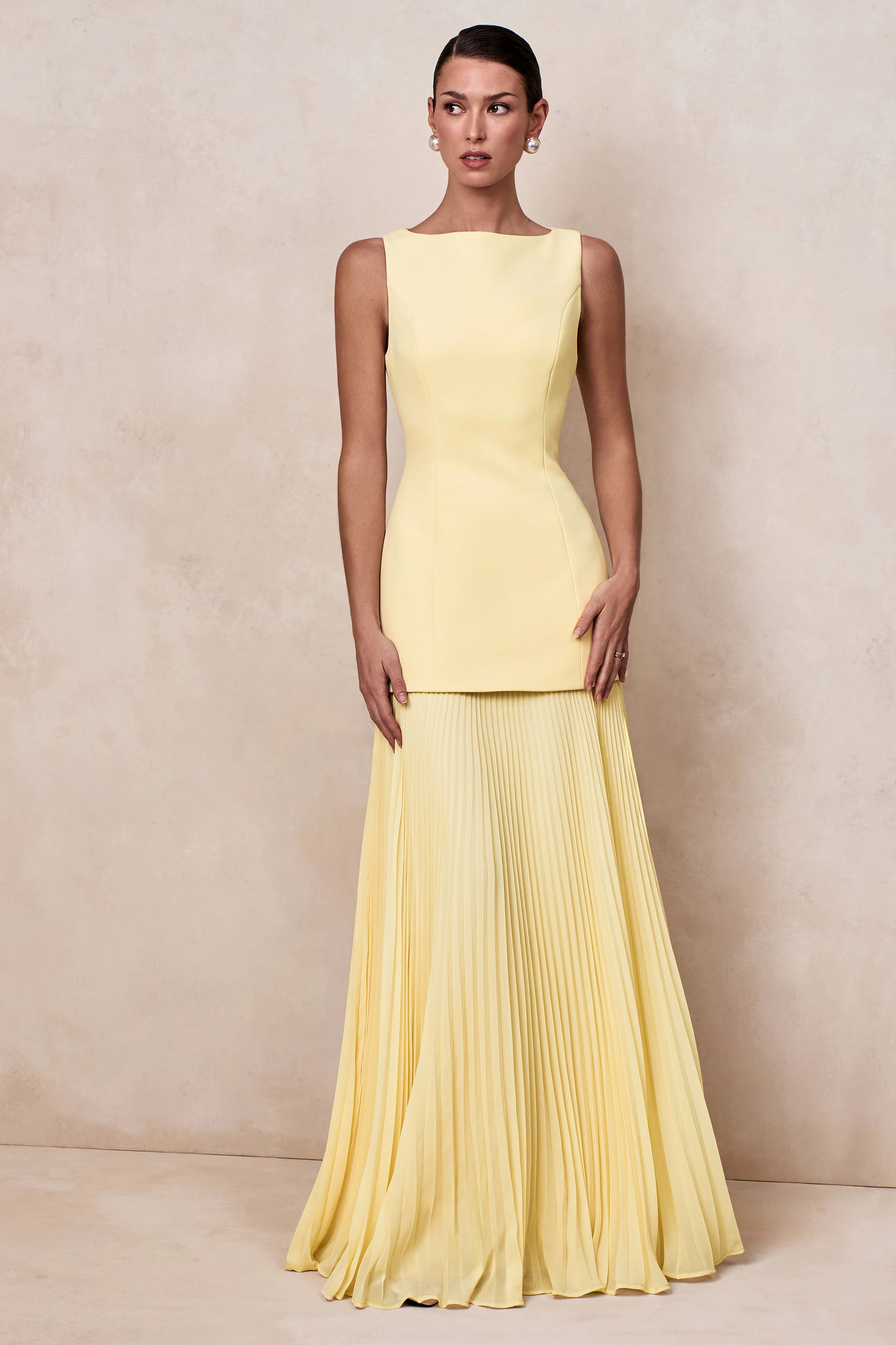 Hadley | Lemon Boat-Neck Maxi Dress With Drop-Waist | Club L London